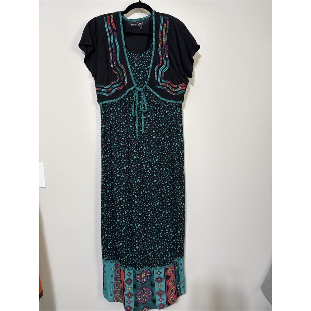 Vtg CAROLE LITTLE Dress Womens 8 Maxi‎ Art to Wear Faux Bolero 90s Boho Western - Picture 2 of 16